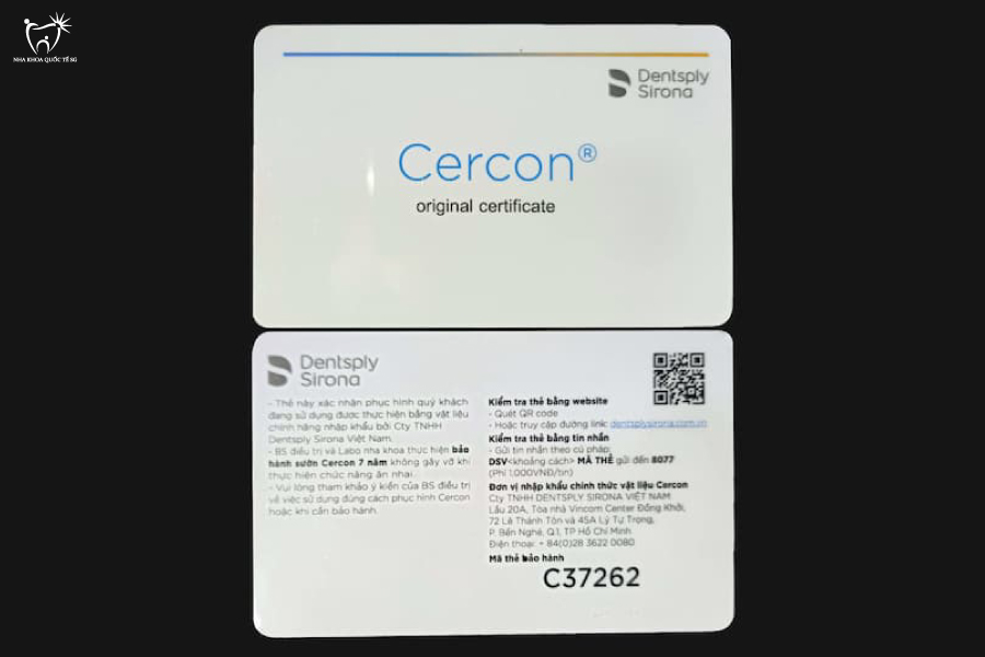 Thẻ bảo hành chính hãng cho răng sứ Cercon